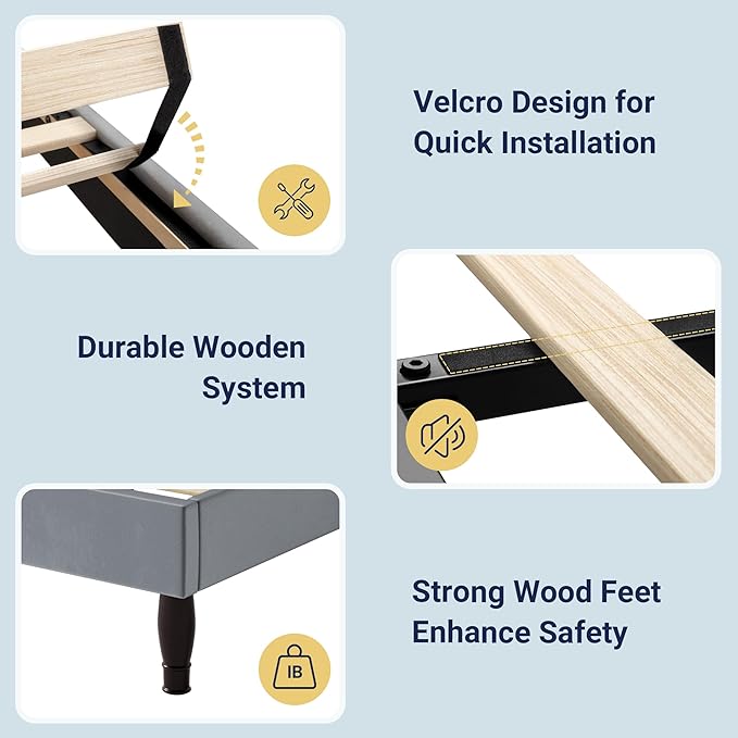 Allewie King Size Bed Frame with Adjustable Velvet Tiara Headboard, Upholstered Diamond Button Tufted Platform Bed, Wood Slats Support, No Box Spring Needed, Light Grey