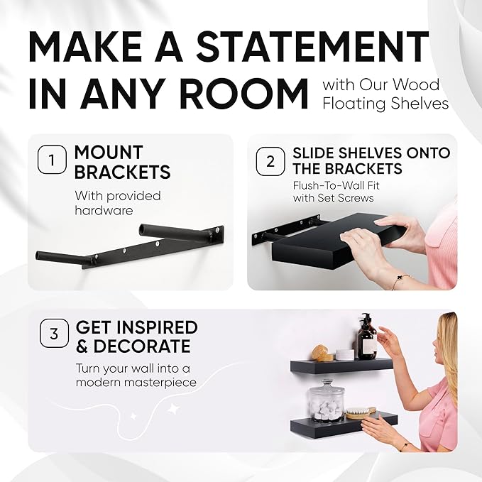 Homeforia Black Floating Shelves 24 inch, High End Solid Real Wood 24inch Bathroom Floating Shelf for Wall Mounted, Black Wooden 24in Floating Shelves, Heavy Duty Bracket, 24 X 6.5 X 1.75 in, Set of 3