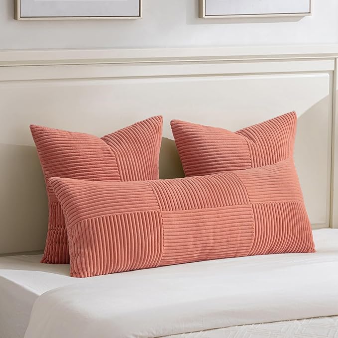 Fancy Homi 2 Packs Coral Decorative Throw Pillow Covers 20x20 Inch for Living Room Couch Bed Sofa, Rustic Farmhouse Boho Home Decor, Soft Corss Corduroy Patchwork Accent Peach Cushion Case 50x50 cm