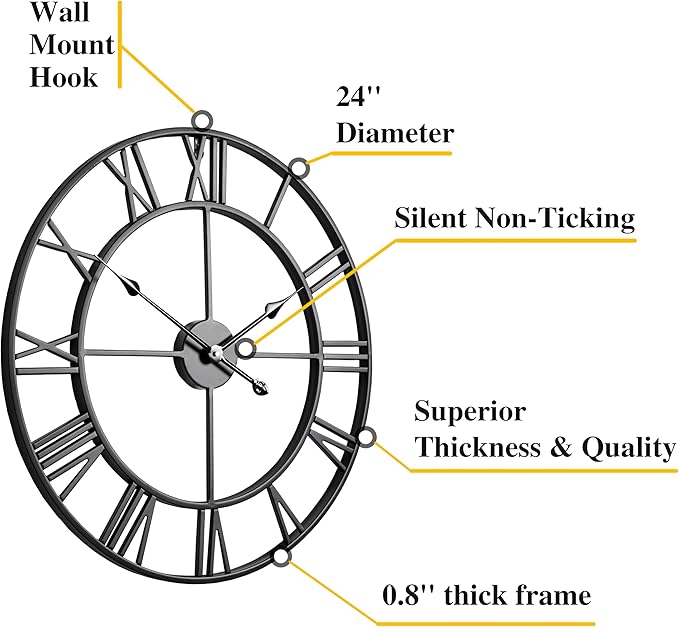CLXEAST Silent 24 Inch Wall Clocks for Living Room Decor, Large Black Metal Roman Numeral Wall Clocks for Modern Farmhouse Home Decor,House Warming Gifts New Home