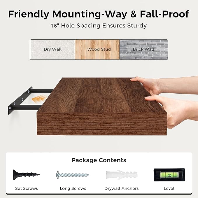 Fun Memories 72 Inch Floating Shelf, 12 Inch Deep Wall Shelf for Fireplace Mantel, Deep Storage Shelves for Home & Office, Wall Shelves with Invisible Bracket, Walnut, Set of 1