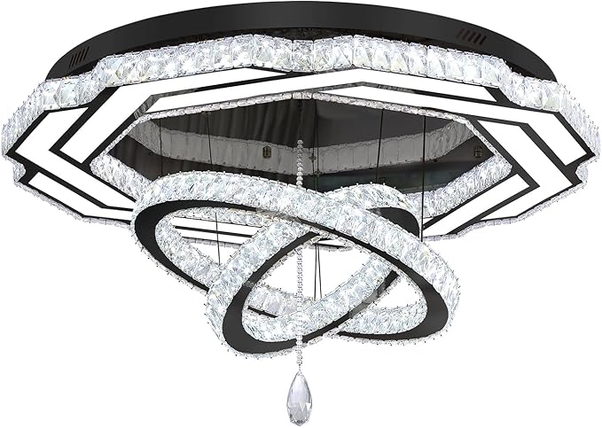 Flashing God Large Crystal Chandelier Dia 48" Black Chandelier Flush Mount Ceiling Light for Bedroom Living Room Dining Room Hallway Dimmable 3 Rings LED Celing Lighting Fixtures