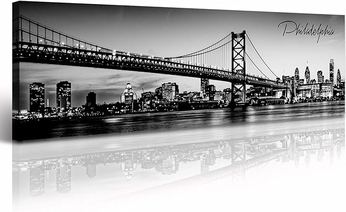 DJSYLIFE- Philadelphia Skyline Wall Art,Black and White Stretched Canvas Wall Art Prints for Bedroom or Office Decoration, Ready to Hang 13.8"x47.3"