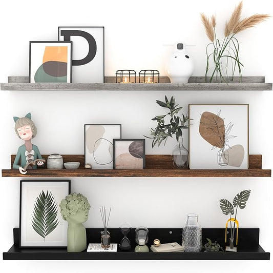 Giftgarden 36 Inch Multi Colors Floating Shelves for Wall Mount, Assorted Colors Wood Wall Shelf Ledge for Bathroom Bedroom Living Room Kitchen Storage, Set of 3 Different Sizes