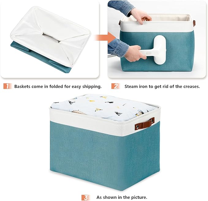 DULLEMELO Large Storage Basket, Collapsible Storage Bins Decorative Storage Baskets for Home Shelves Bedroom, Linen Fabric Basket with Leather Handles for Toys Books Organizing(White&Teal