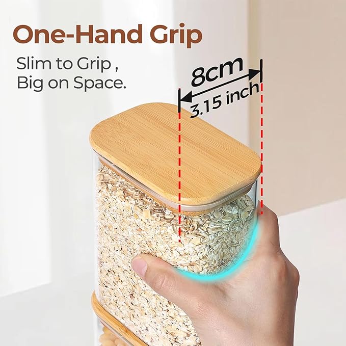 ComSaf 0.7 Qt Rectangle Glass Storage Containers with Lids, Glass Jars with Bamboo Lids, Clear Food Jar, Sugar Coffee Containers, Small Pantry Storage Container for Tea Candy Nuts Spices Oat