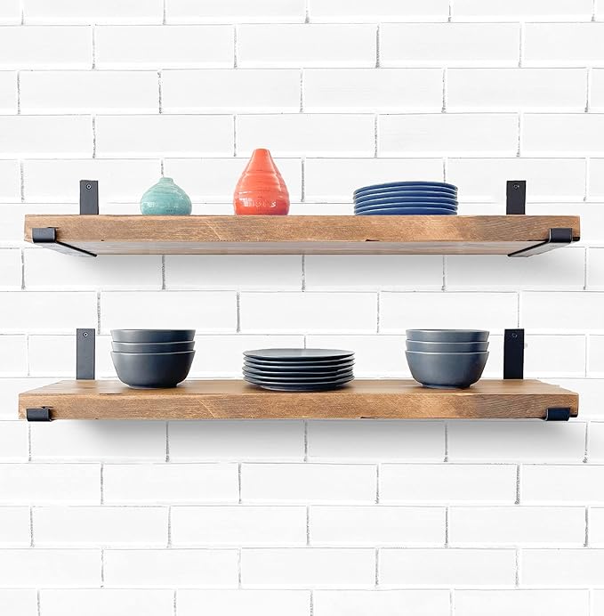Rustic Shelves with J-Brackets Set of 2, Industrial Shelf, Kitchen Shelves, Solid Wood, Decorative Wall Storage, Heavy Duty, URBANDI (Brown, 24Wx6D)