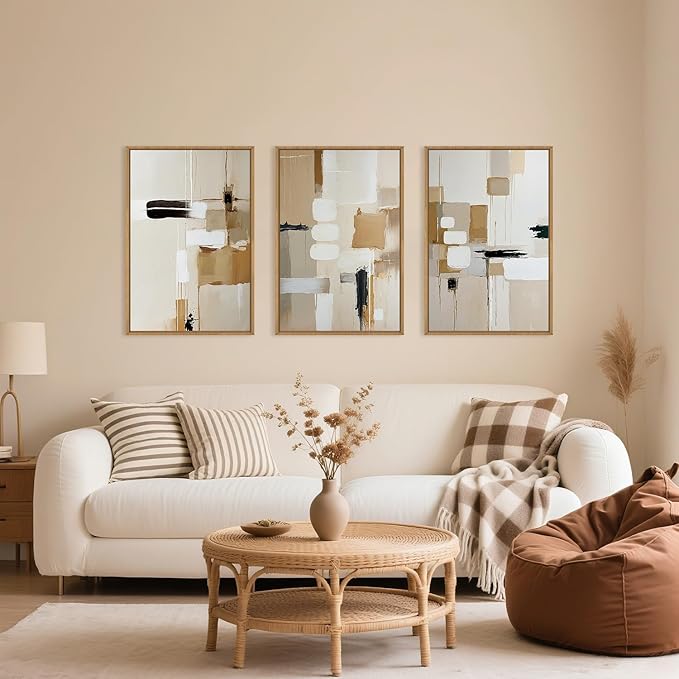 Celestdeco Large Abstract Beige Framed Canvas Wall Art Set, Neutral Textures Wall Decor, Warm Minimalist Shapes Wall Painting, Modern Neutral Art Prints for Living Room, Bedroom, Office - 24"X36"X3