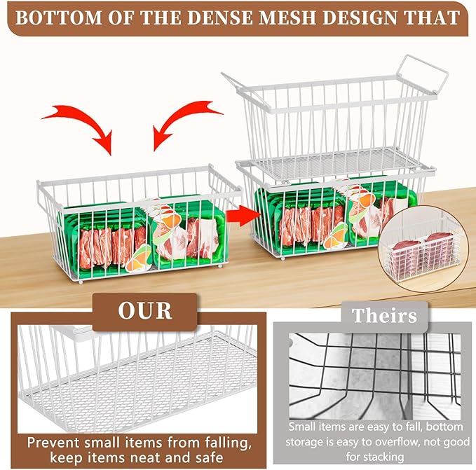 5 Pack Stackable Deep Freezer Organizer Bins ，Upgraded Bottom Leak-Proof net，Encryption and Hardening ， Freezer Organizer Bins for 5 to 7 Cu.FT Small Chest Freezer， Easy Get Bottom Foods