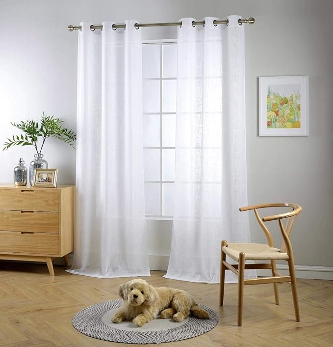 MIUCO White Sheer Curtains Poly Linen Textured Solid Grommet Curtains 63 Inches Long for Bedroom 2 Panels (2 x 37 Wide x 63" Long) White