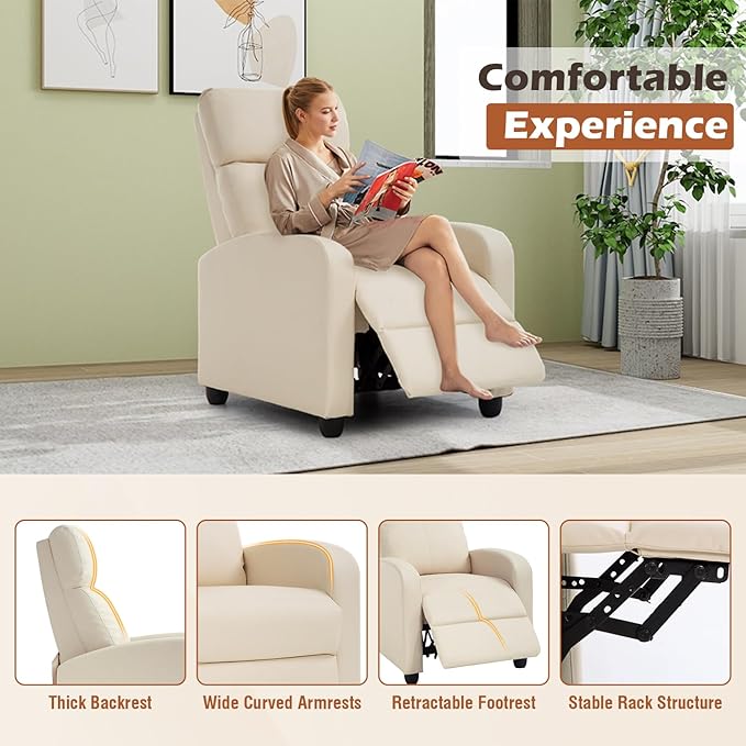 BestMassage | Recliner Chair | No Massage Function | Pu Beige | with Lumbar Support, Adjustable Push Back, Wide Armrests, Footrest & Padded Seat | Easy Assembly | for Living Room, Home Theatre