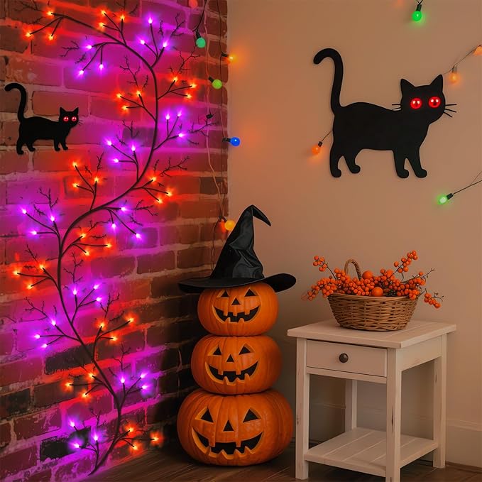 7 Ft Halloween Decorations Willow Vine Twig Garland with 8 Modes Timer 63 LED Orange Purple Lights, Halloween Garland with Waterproof Battery Operated for Wall Fireplace Decorations Indoor Outdoor