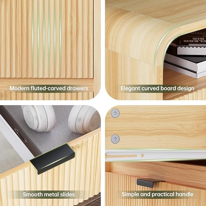 FURSUN 24" Fluted Nightstand Set of 2 with Charging Station, Wooden End Table with 2 Drawers Storage, Curved Profile Design, Modern Bedside Cabinet for Bedroom Living Room, Natural Oak