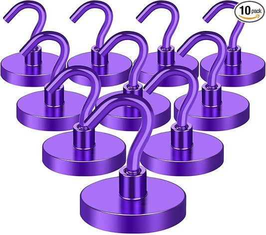 MIKEDE Strong Magnetic Hooks, 110Lbs Heavy Duty Magnetic Hooks for Cruise, Neodymium Earth Magnets with Hooks for Hanging, Super Metal Industrial Magnets for Grill, Storage (Purple,10 Pack)