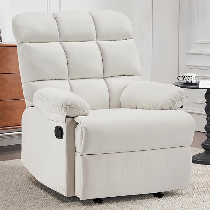 Rocker Recliner Chair, Overstuffed Manual Rocking Recliner for Adults, Upholstered Comfy Soft Fabric Living Room Reclining Sofa Chair (Beige Fabric)