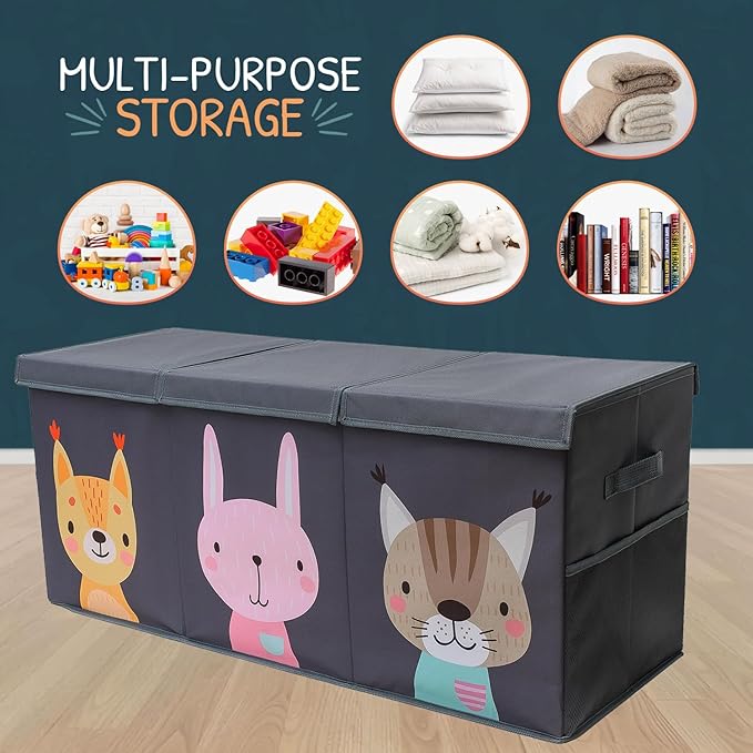 Extra Large Toy Storage Organizer with Lid - Sturdy, Collapsible Toy Chest Storage Box with Cute Design - Toys Bin with Dividers for Kids, Boys, Girls, Nursery, Bedroom, Play room 37"x16"x14"