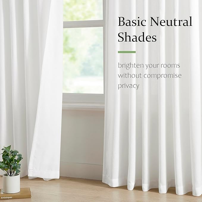 FMFUNCTEX Pinch Pleated Curtains 84 Inches Long for Living Room, White Semi Sheer Faux Linen Textured Pleat Drapes for Bedroom with Hooks, Light Filtering Neutral Farmhouse Window Drapes 2 Panels