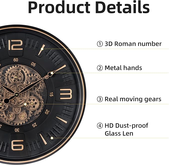 20in Large Real Moving Gears Wall Clock for Living Room, Battery Operated Wall Clocks Decorative Vintage, Home Office Clock, Gift for Family, Friends