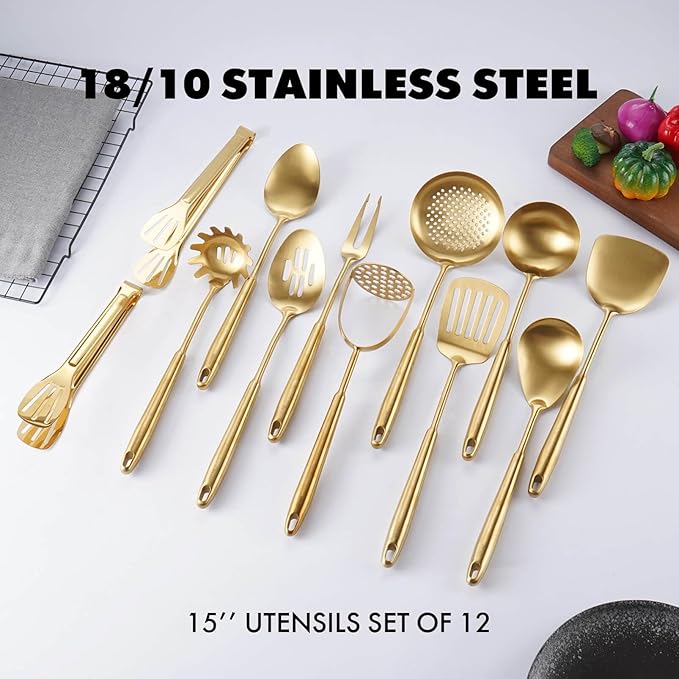 Gold Kitchen Utensils Set, 12 PCS Brass Matte Serving Utensils, 18/10 Stainless Steel All Metal Cooking Tools - Potato Masher, Tongs, Meat Fork, Spatula, Turner, Ladle, Skimmer, Spaghetti Spoon Set