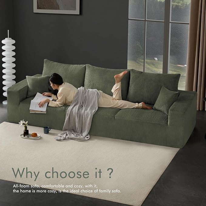 Boneless Sectional Cloud Couch Sofa for Living Room, 112" L-Shaped Modular Modern Lounge Sleeper Green Couches with Chaise, No Assemble, Cordury Compression Upholstered Sofas