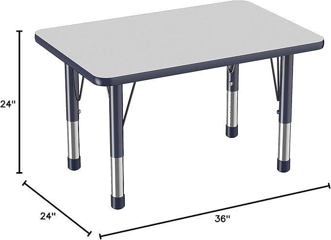 FDP Rectangle Activity School and Classroom Kids Table (24 x 36 inch), Chunky Toddler Leg, Adjustable Height 15-24 inches - Gray Top and Navy Edge