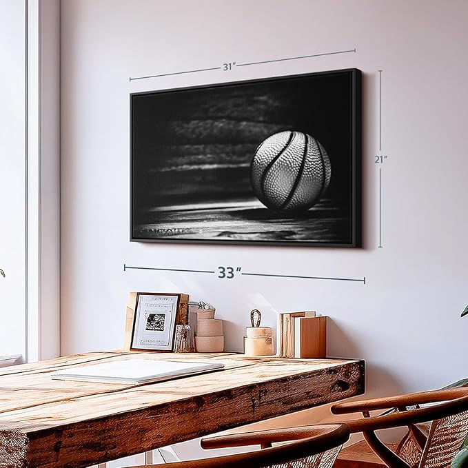 ElephantStock Basketball Wall Art - Horizontal Framed Canvas - 1-Piece Hallway Wall Decor - Photography sports Canvas Print - Black and Gray Decor for Wall - 31" X 21"