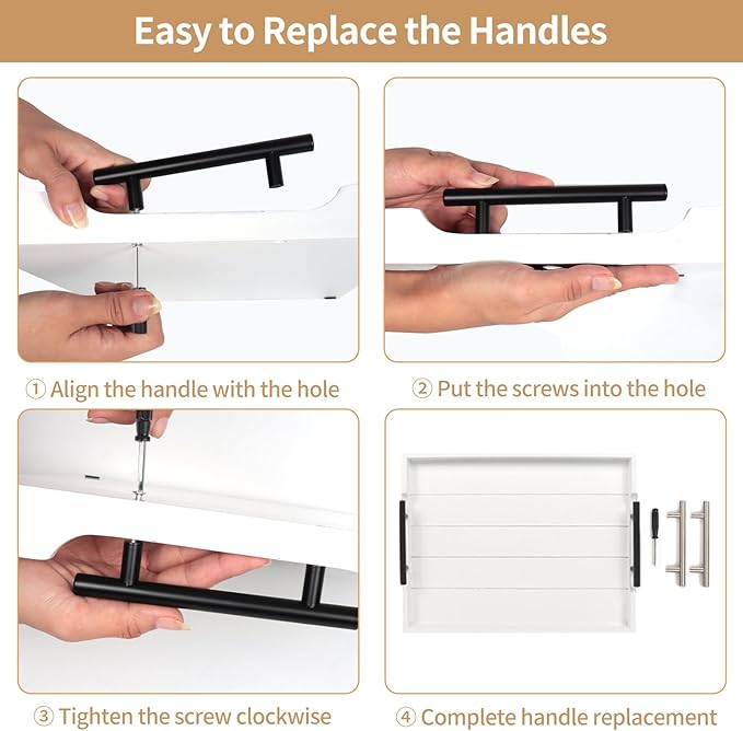 Coffee Table Tray - Large Ottoman Tray for Living Room - Wood Serving Tray with Handles(2 Sets) - Wooden Tray for Coffee Table, 4 Round Coasters Included, White