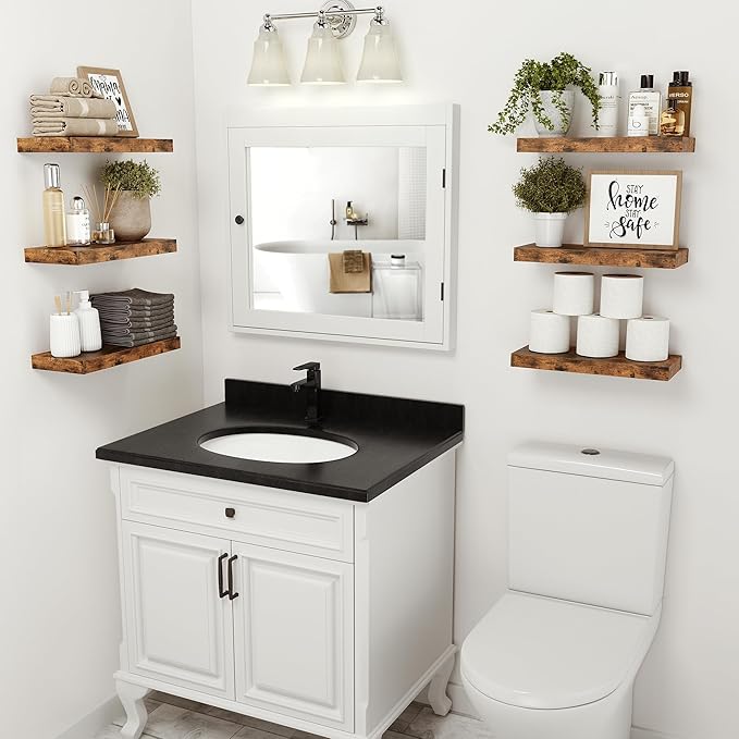 Floating Shelves for Wall, 16 inchs x 6.7” deep x 1.4” Bathroom Shelf Bedroom, Living Room, Kitchen, Farmhouse Decor, Rustic Wood Wall Shelves with Invisible Brackets - Set of 2, Rustic Brown