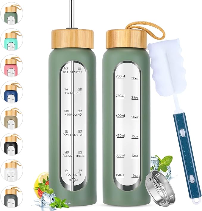 32 oz Glass Water Bottle with Straw - Motivational Time Marker & Silicone Sleeve - Reusable Tumbler Includes 2 Bamboo Lids & Fruit Infuser - 1 Pack
