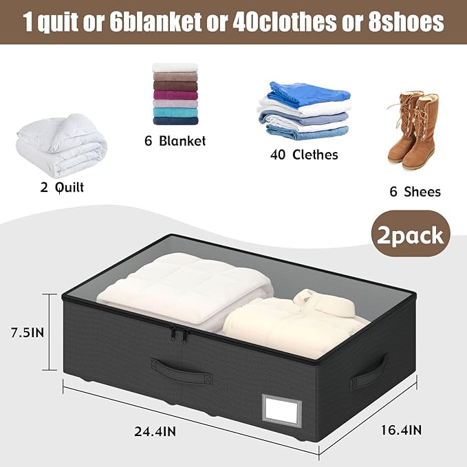 Underbed Storage Bins with Wheels, No Assembly Required - 7.5 inch height Black Large Capacity Rolling Underbed Containers for Shoes, Dorm under bed storage drawers