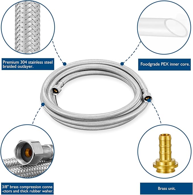 Dishwasher Installation Kit - 8 FT Stainless Steel Braided Dishwasher Hose kit,Food Grade PEX Inner Tube Water Line with 3/8"x 3/8"x 3/8" Tee Stop Valve,3/8"x 3/8"MIP Elbow,3/8"x 3/4"FHT Elbow