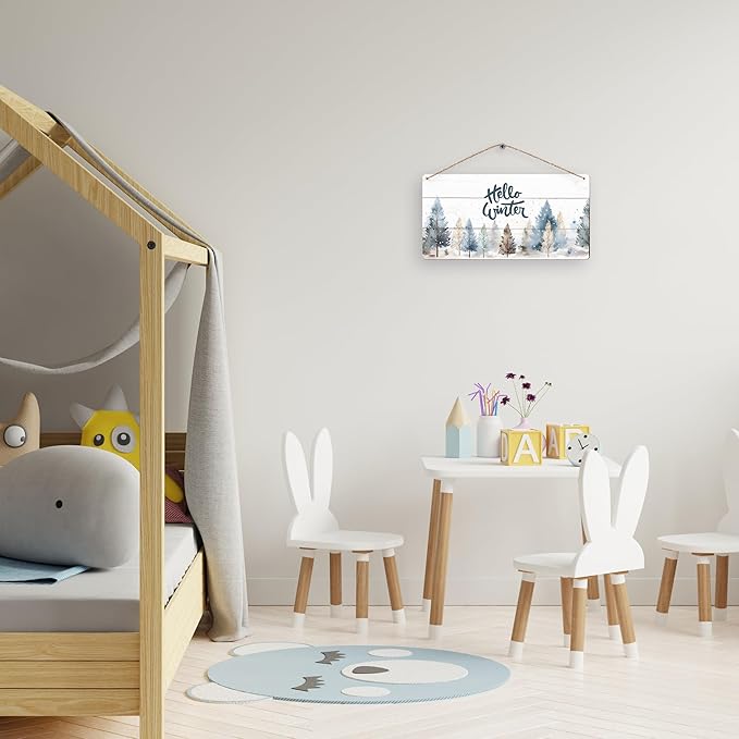 DUXMNAMG Hello Winter Welcome Hanging Wooden Signs 12x6, Pine Tree Decor, Winter Door Decorations, Winter Door Sign, Rustic Winter Christmas Snowflakes Trees Home Room Office Hanging Wall Decor