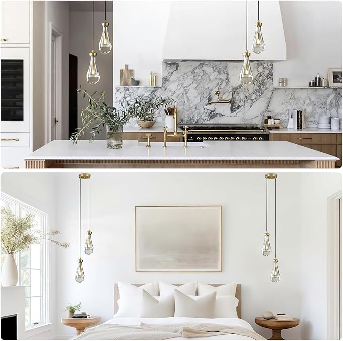 Brass Raindrop Pendant Lights Kitchen Island 2-Light, Cluster Gold Pendant Light Fixture for Bedroom, Dimmable Dining Room Light Fixture Hanging Pendant Lighting Ceiling Chandelier for Foyer