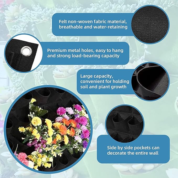 72 Pockets Hanging Planter Bags, Hanging Vertical Wall Mounted Plant Planting Grow Bags, Herb Garden Planter Outdoor Indoor Growing Bag, Gardening Vertical Greening Flower Container(1m×1m, Black)