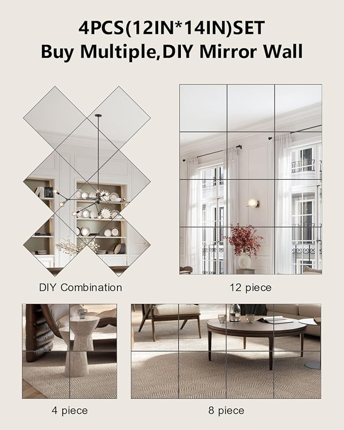 Full Length Wall Mirror Tiles, 12'' x 14'' x 4PCS, Acrylic Unbreakable Full Body Mirror for Bedroom Squares Shatterproof Mirror Sheets Wall Mounted for Home Gym Door