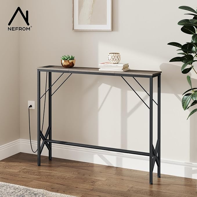 Console Table, Skinny Entryway Table with Fast-Charging Station, Narrow Long Sofa Table, Behind Slim Couch Table for Entrance, Hallway, Living Room Decor ST-GY100-1