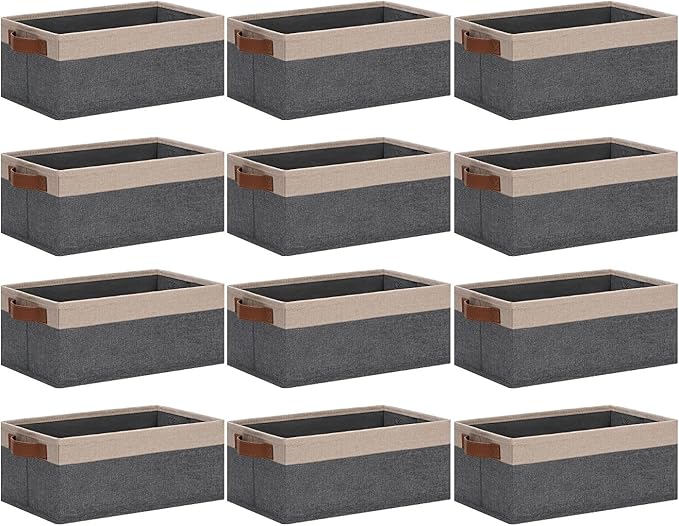 GhvyenntteS Small Fabric Storage Bins 12 Pack, 11.8" x 7.87" x 5.11" Storage Basket with Leather Handles, Closet Storage Bins for Shelves, Storage Baskets for Shelves, DVD Storage (Grey&Beige Yellow)