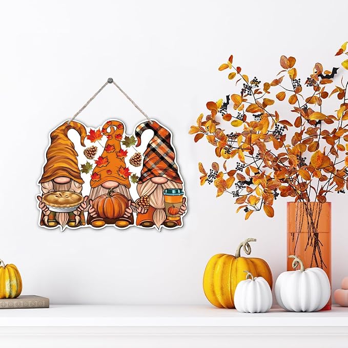 Autumn Dwarfs Decoration, Hello Fall Wood Hanging Decors, Rustic Thanksgiving Decors for Porch, Indoor Outdoor Autumn Door Decor, Housewarming Gift, Home Indoor Outdoor Decor