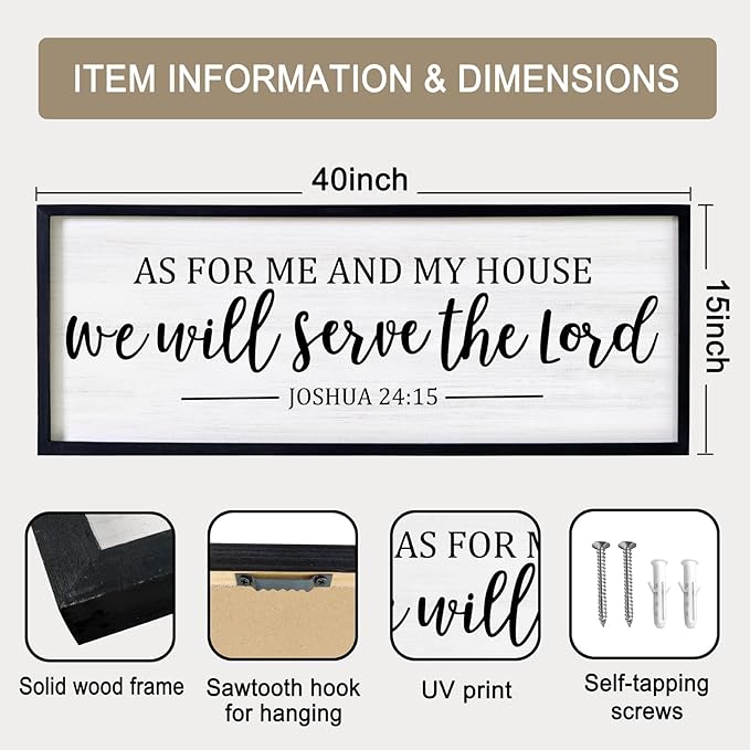 As For Me And My House We Will Serve The Lord Framed Wall Art, 40''×15'' Vintage Positive Religious Bible Verse for Christian God Jesus Christ Prayer, Rustic Long Holy Catholic Scripture Decor