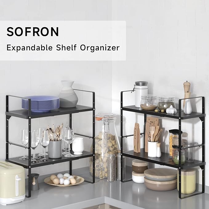 Expandable Cabinet Storage Shelf Stackable Organizer Rack for Kitchen Bathroom Pantry Spice Cupboard Coffee Countertop Home Office Desk Heavy Duty Nonslip Black Small 2 Packs