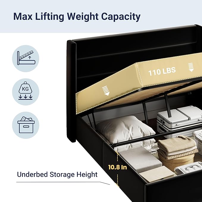 Allewie Queen Size Velvet Lift Up Storage Bed, Modern Wingback Headboard, Hydraulic Support, No Box Spring Needed, Black