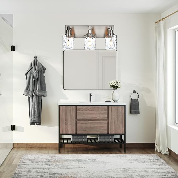 BONLICHT Bathroom Vanity Light Fixtures 3 Lights Modern Wall Sconce Brushed Nickel with Metal Base and Hammered Glass Shade, Industrial Farmhouse Bath Wall Lights for Hallway Kitchen Bedroom