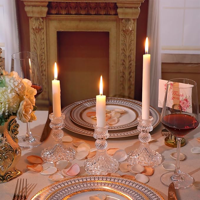 Candlestick Holders Set,12Pcs 4" H Taper Candle Holders Bulk, Clear Glass Candle Holders for Wedding, Spring Party, Romantic Dinner, Festival & Windowsill Decor