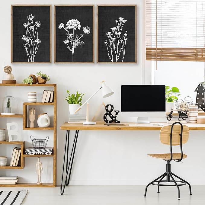 Flower Plant Wall Art Decor 16"x11" Set of 3 Black And White Botanical Painting Wood Framed For Minimalist Bedroom Office Rustic Living Room Abstract Wildflower Sign Hanging (Wood Black)