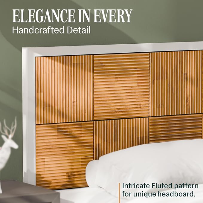 Bme Madia Bed Frame, Mid Century Queen Bed Frame and Headboard with Unique & Trendy Fluted Pattern, 800lbs Capacity Platform Bed Frame, Solid Acacia Wood Slat Support, Easy Assembly White Bed Frame