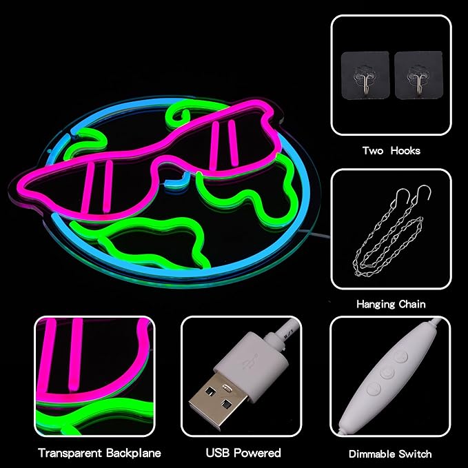 Earth Neon Sign Sunglasses Neon Light for Wall Decor Planet Neon Light Colorful LED Neon sign USB Powered LED Light Up Sign for Bedroom Kids Room Classroom Decoration