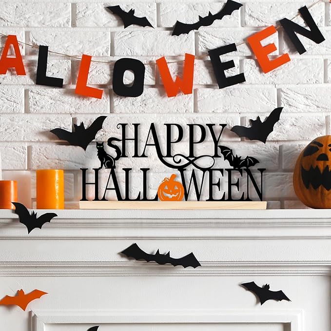 COCHIE Metal Happy Halloween Sign, Black Halloween Decorations for Home, Office, Shelf, Mantel, Indoor, Jack-o-lantern Decoration, Spooky Cat Bat Decor (Halloween)