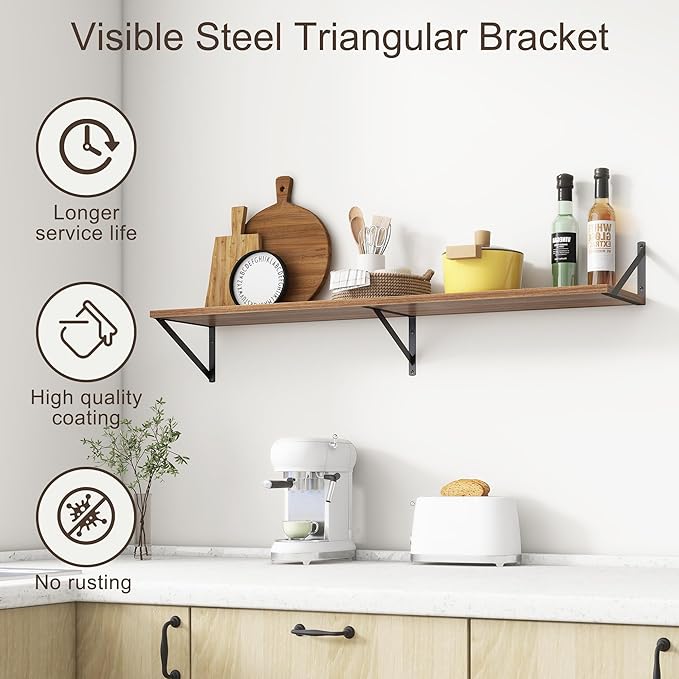 Floating Shelves 48 Inch Long, 10" Deep Floating Shelves, Walnut Wall Shelves 48 x 10, Set of 2, Wide Large Display Storage Shelves for Bathroom, Living Room, Rustic Wood Shelves with Brackets