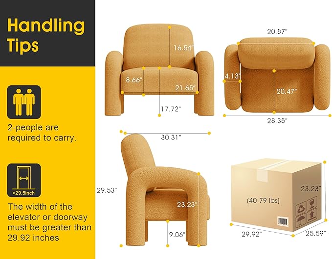Modern Sherpa Accent Chair, Teddy Upholstered Arm Single Sofa, Cozy Fluffy Reading Chair for Living Room, Bedrooms, Corner (Yellow)