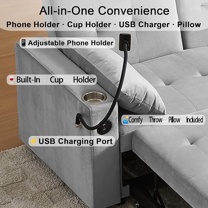 70" Queen Size Sofa Bed for Living Room – Pull-Out Sleeper Sofa Couch with Cup Holder, Phone Holder, USB Charging Port, Solid Wood Frame, Easy Assembly, Space-Saving Design for Small Apartments